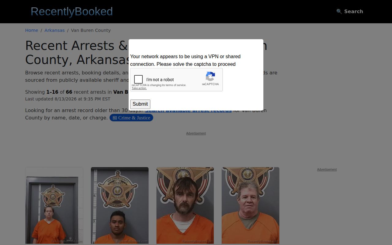 Unofficial Van Buren County booking record page requiring official verification