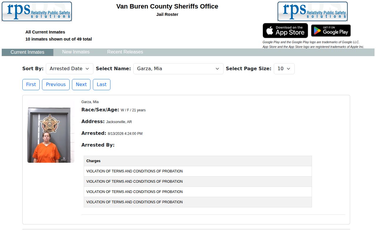 Van Buren County jail roster current custody search interface